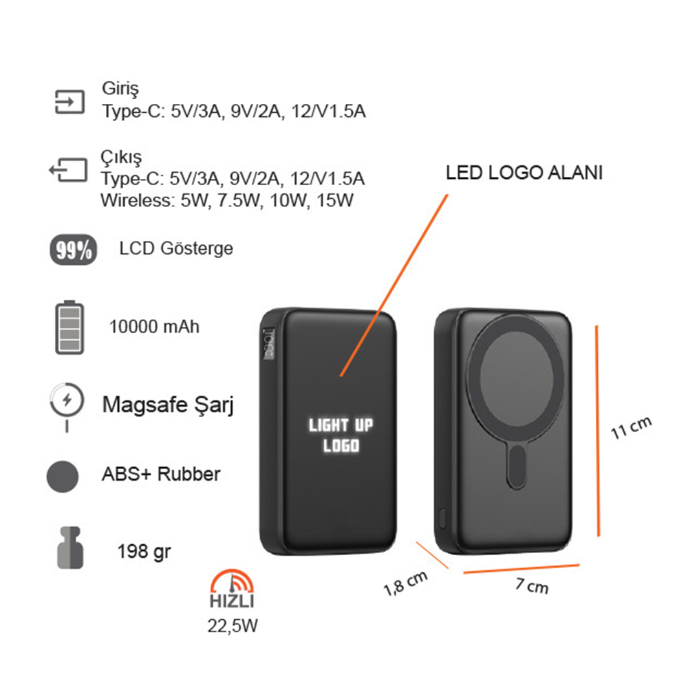 Işıklı Logo Hızlı Wireless Şarj Magsafe 10000 mAh - Görsel 8