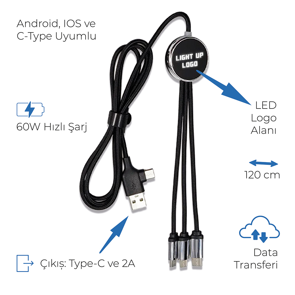 Işıklı Logo 60W Hızlı Type-C Uçlu Data Transferli Şarj Kablosu 3 Işıklı Logo 60W Hızlı Type-C Uçlu Data Transferli Şarj Kablosu - Görsel 3
